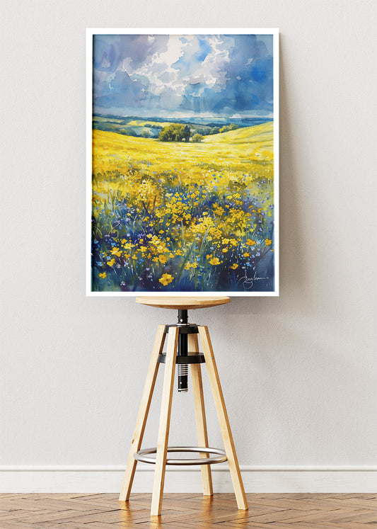 Golden Wildflower Fields – Bright Countryside Landscape Canvas & Poster Print – AI PRINT LAB