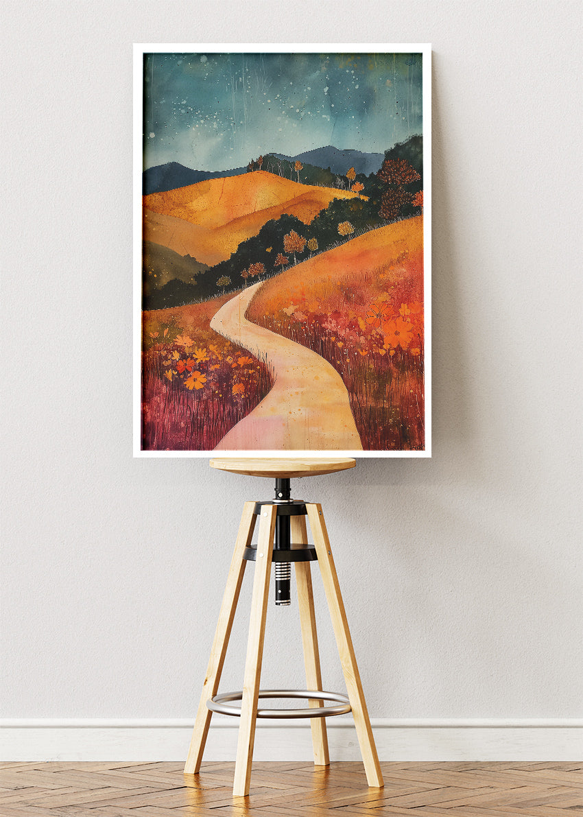 Autumn Pathway Hills – Warm Countryside Landscape Canvas & Poster Print – AI PRINT LAB