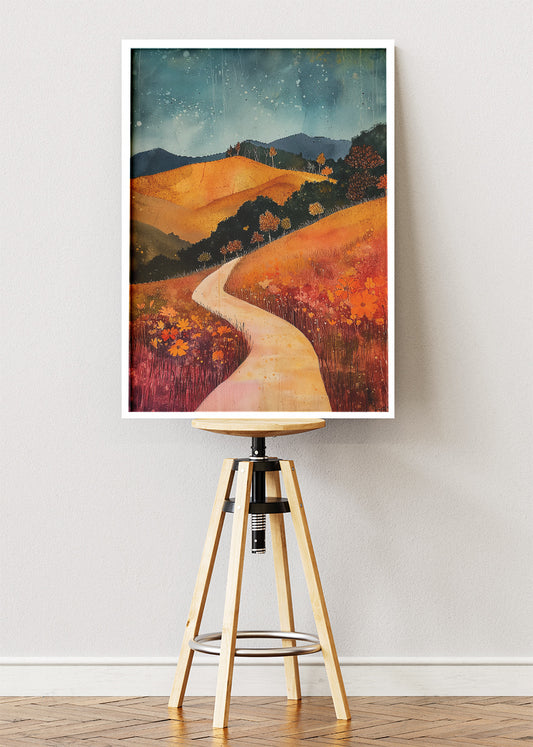 Autumn Pathway Hills – Warm Countryside Landscape Canvas & Poster Print – AI PRINT LAB