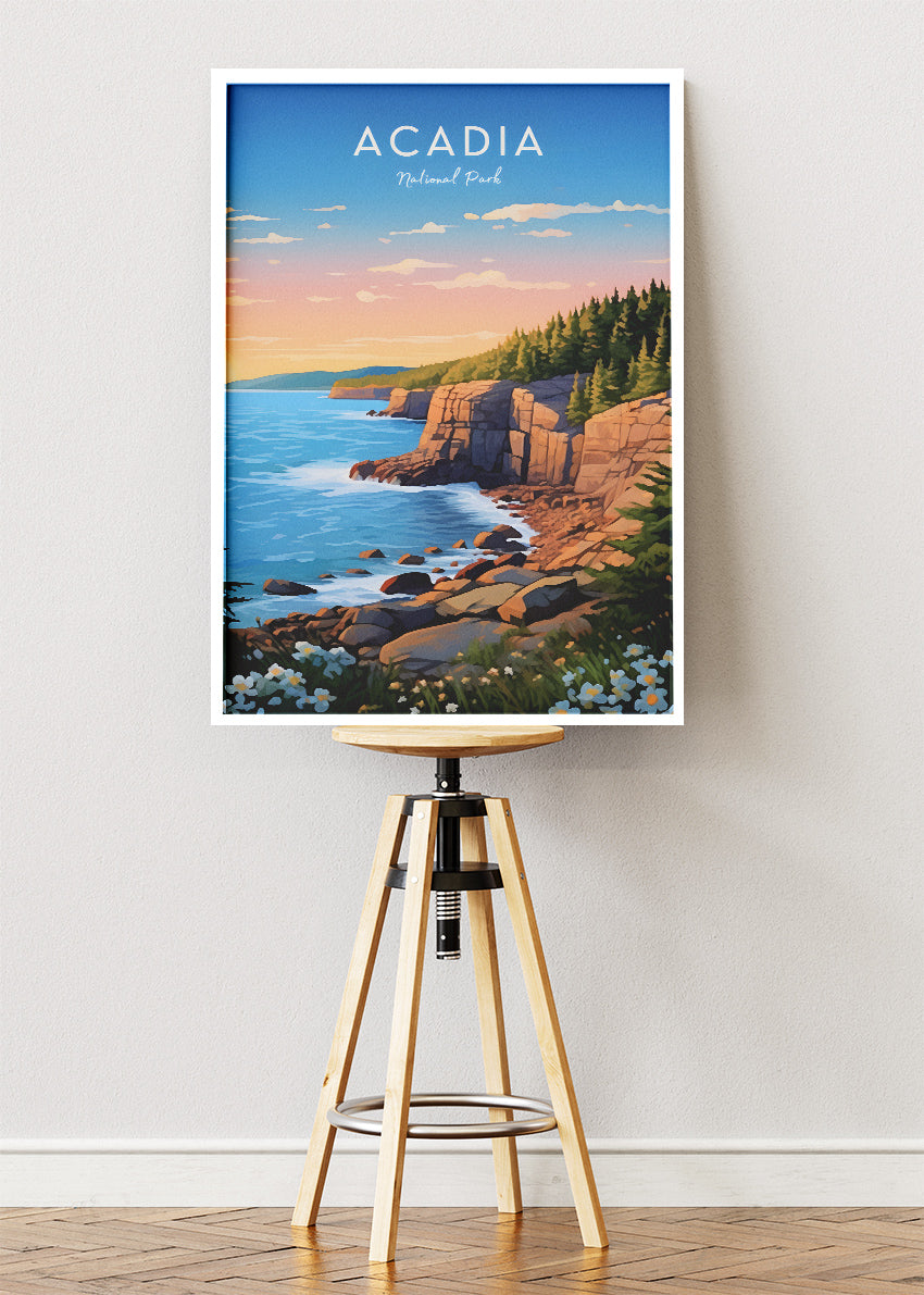 Acadia National Park Poster & Canvas Print – Coastal Cliff Sunrise Illustration Wall Art