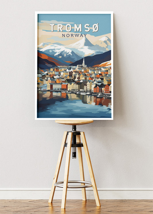 Tromsø Norway Poster & Canvas Print – Modern Illustrated Arctic Mountain Harbour Art