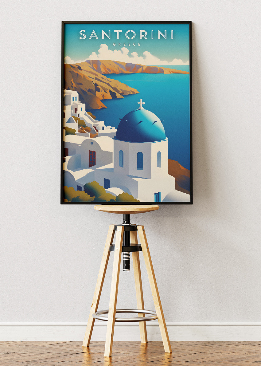 Santorini Greece Blue Dome Poster & Canvas Print – Greek Island Caldera View Art