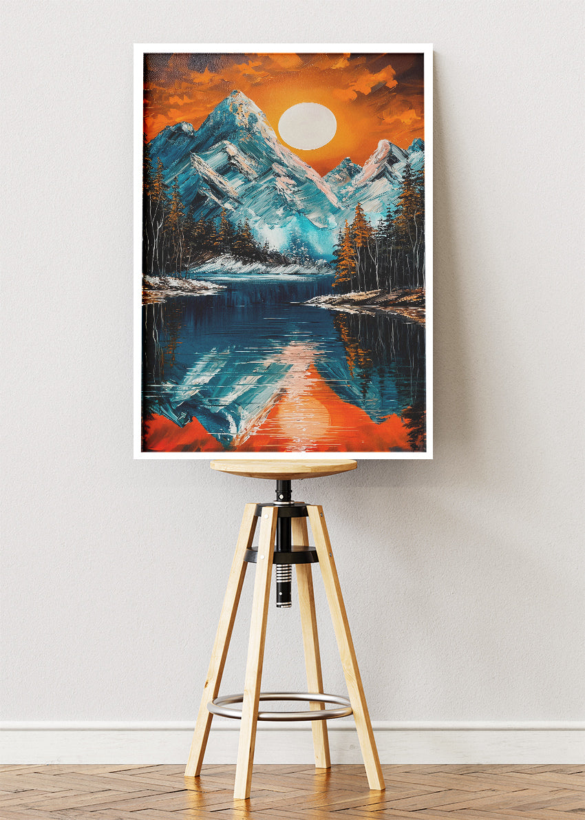 Snowy Mountain Lake at Sunset – Bold Alpine Landscape Wall Art Poster & Canvas – AI PRINT LAB