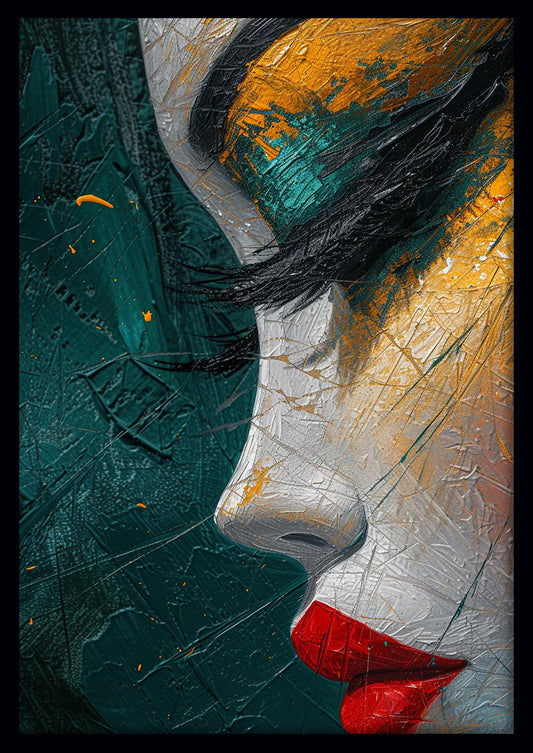 Abstract Female Side Profile with Red Lips – Textured Modern Portrait Canvas & Poster Art – T1060 – AiPrintLab