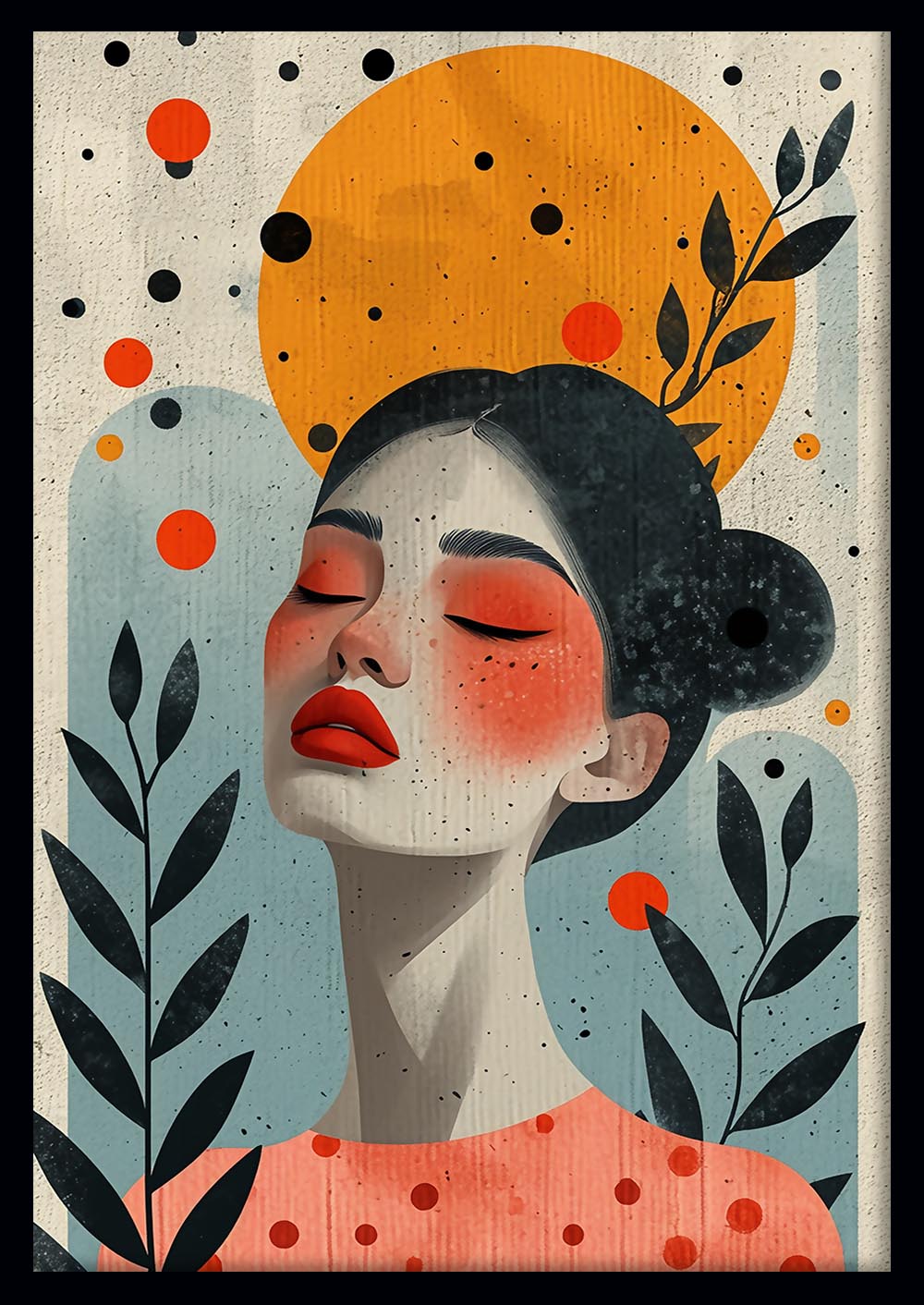 Abstract Feminine Portrait with Sun and Leaves Canvas Art & Poster – T720 – AiPrintLab