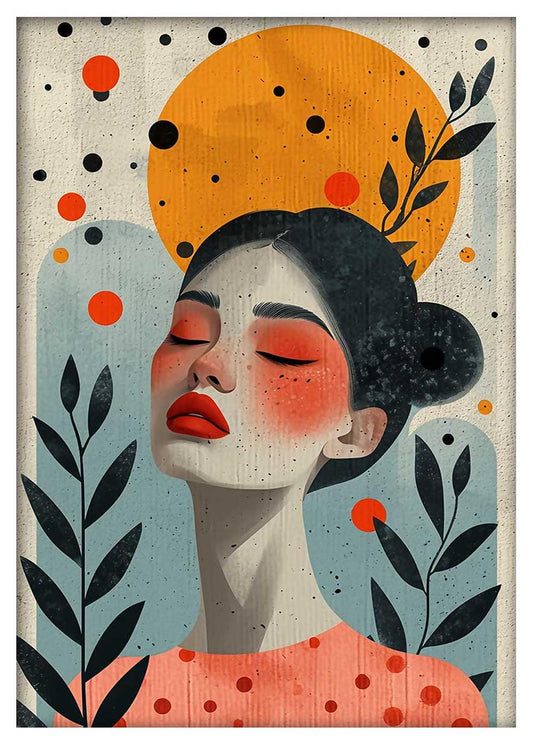 Abstract Feminine Portrait with Sun and Leaves Canvas Art & Poster – T720 – AiPrintLab