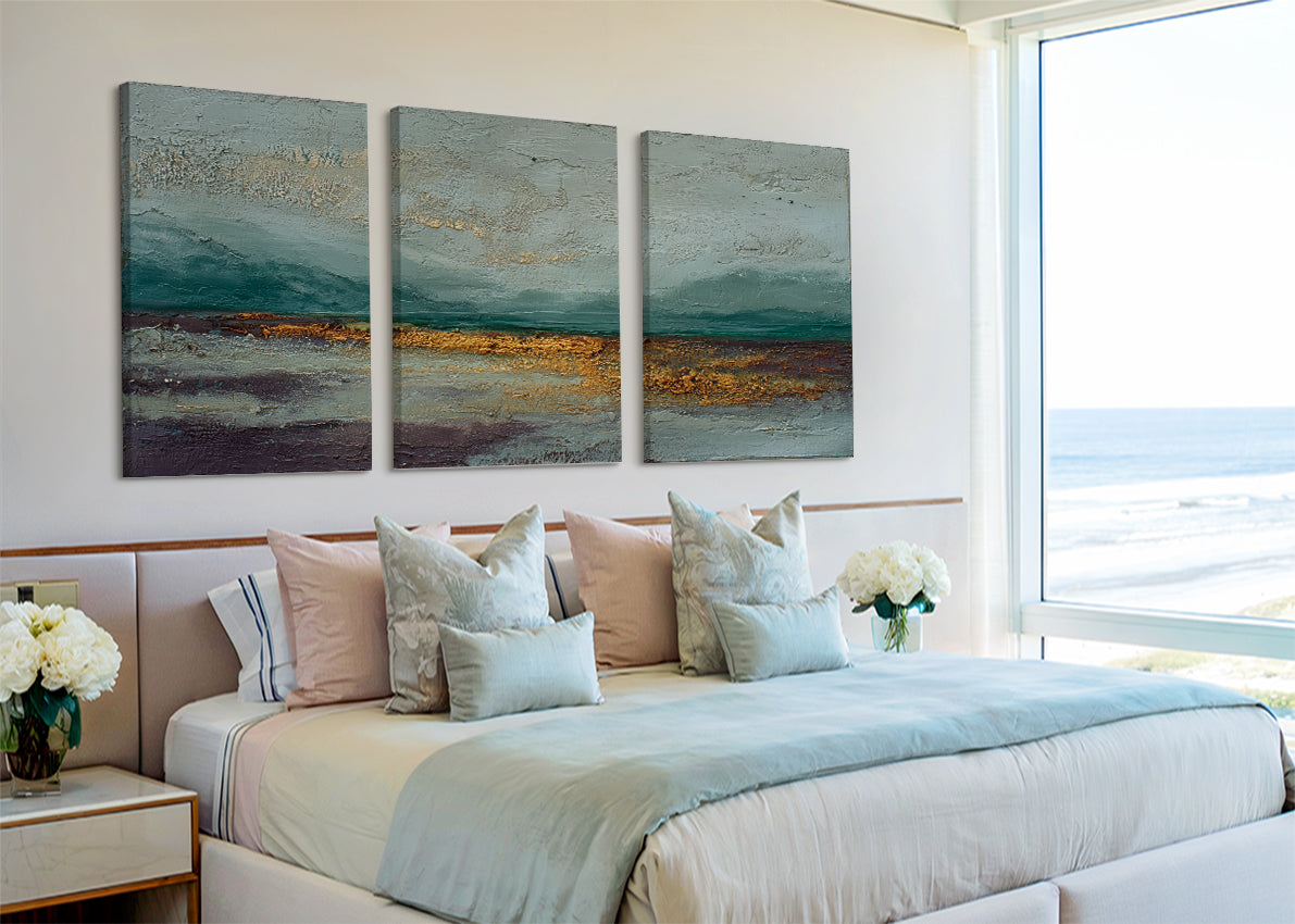 Abstract Golden Horizon Landscape Canvas Wall Art – Single & 3 Panel Canvas – AI PRINT LAB