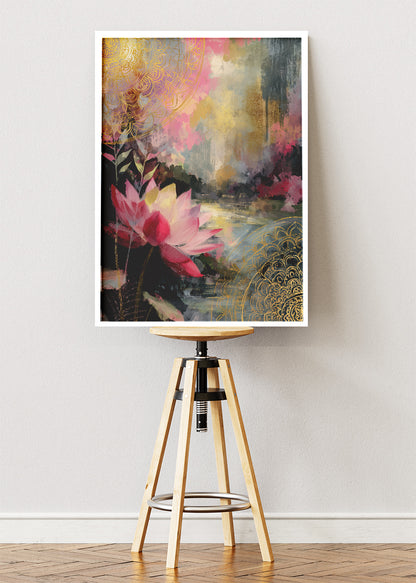 Abstract Lotus Lake Gold Mandala Canvas & Poster Print – AI PRINT LAB