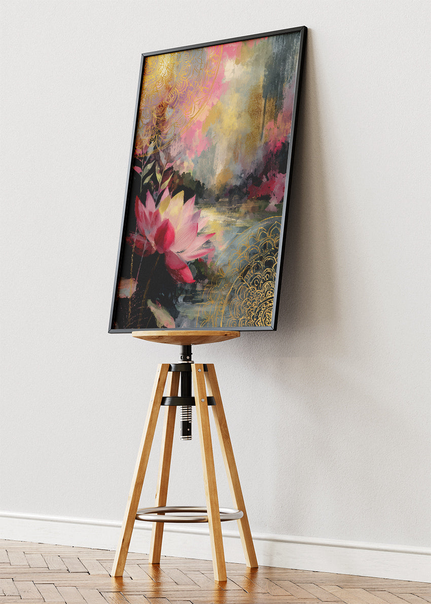 Abstract Lotus Lake Gold Mandala Canvas & Poster Print – AI PRINT LAB