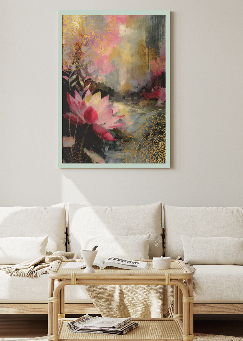 Abstract Lotus Lake Gold Mandala Canvas & Poster Print – AI PRINT LAB