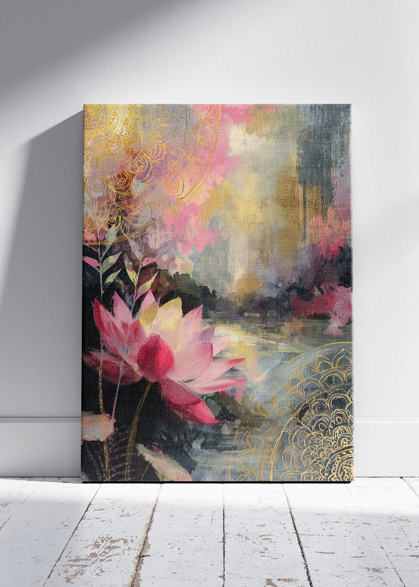 Abstract Lotus Lake Gold Mandala Canvas & Poster Print – AI PRINT LAB