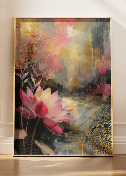 Abstract Lotus Lake Gold Mandala Canvas & Poster Print – AI PRINT LAB