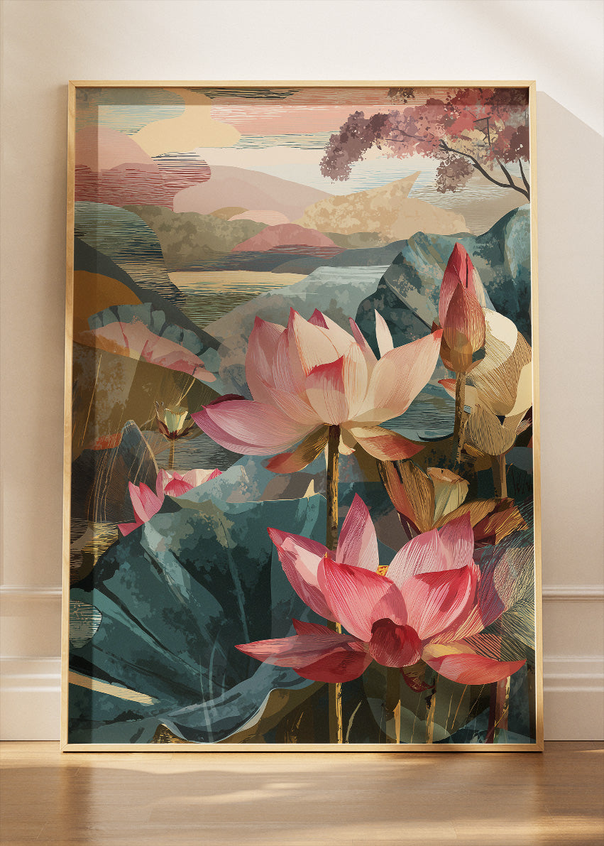 Abstract Lotus Landscape Botanical Canvas & Poster Print – AI PRINT LAB