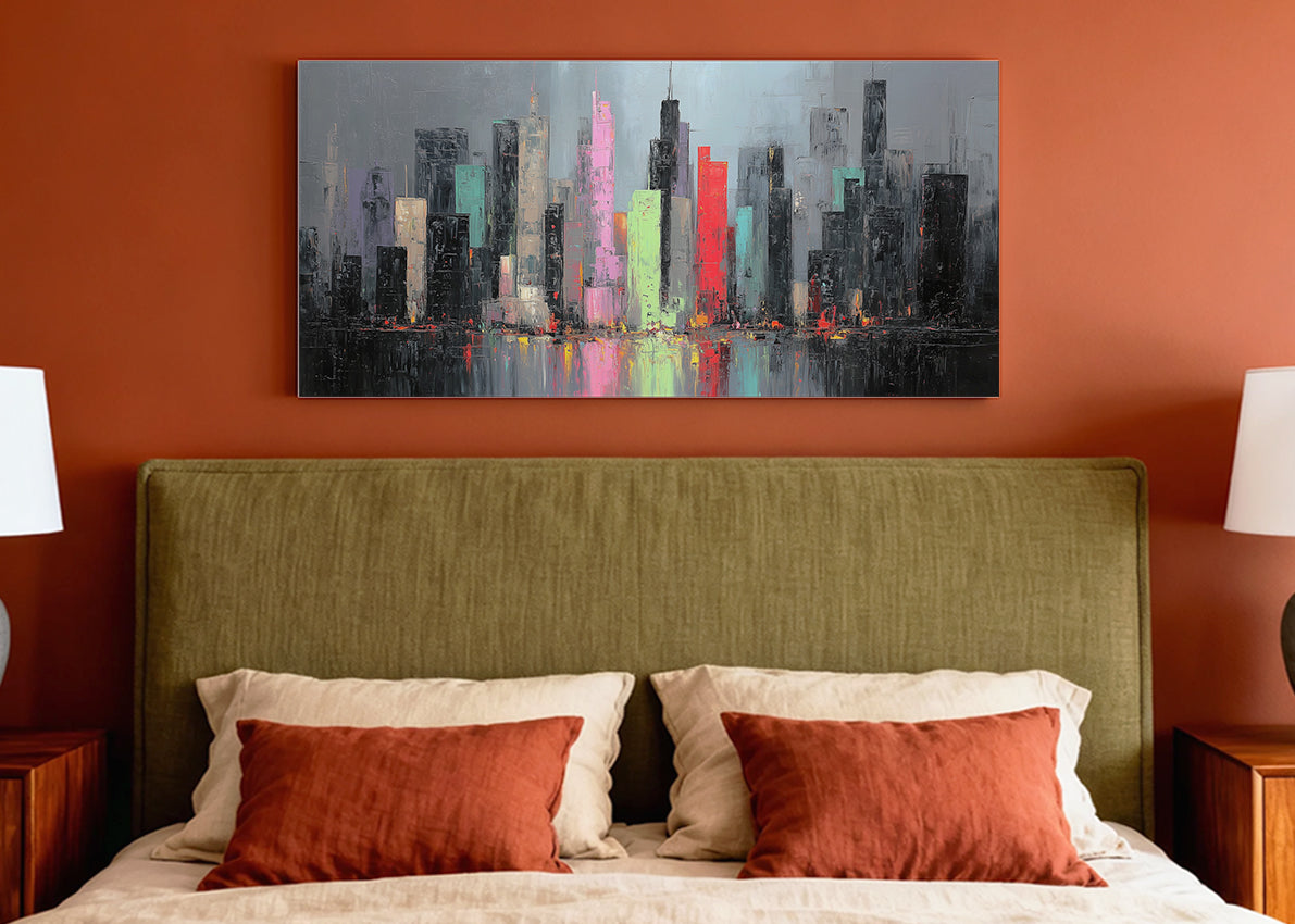 Abstract Neon City Skyline Canvas Wall Art – Modern Urban Reflection Single & 3 Panel Canvas