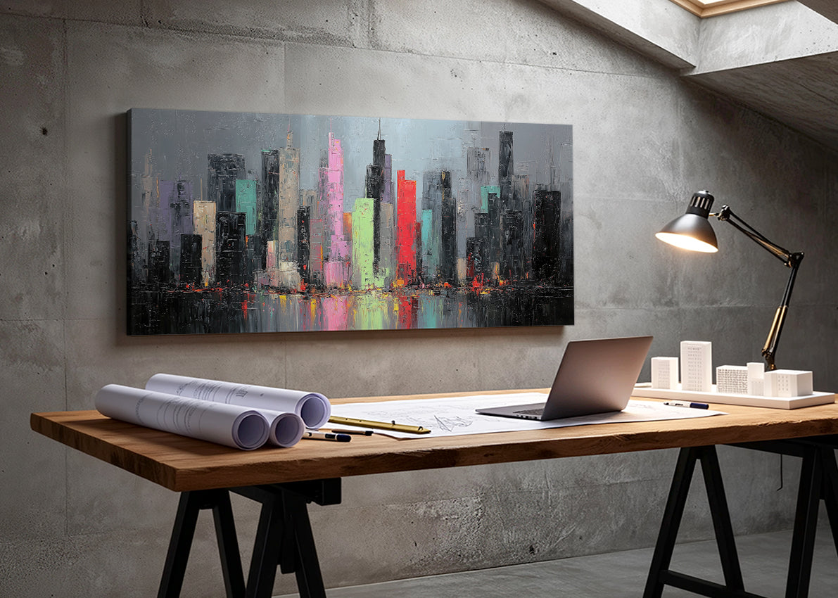 Abstract Neon City Skyline Canvas Wall Art – Modern Urban Reflection Single & 3 Panel Canvas