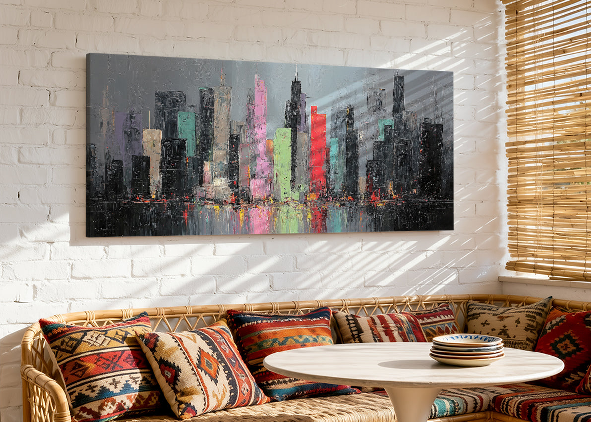 Abstract Neon City Skyline Canvas Wall Art – Modern Urban Reflection Single & 3 Panel Canvas