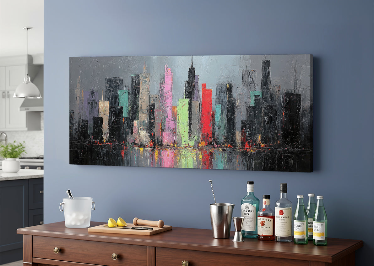 Abstract Neon City Skyline Canvas Wall Art – Modern Urban Reflection Single & 3 Panel Canvas