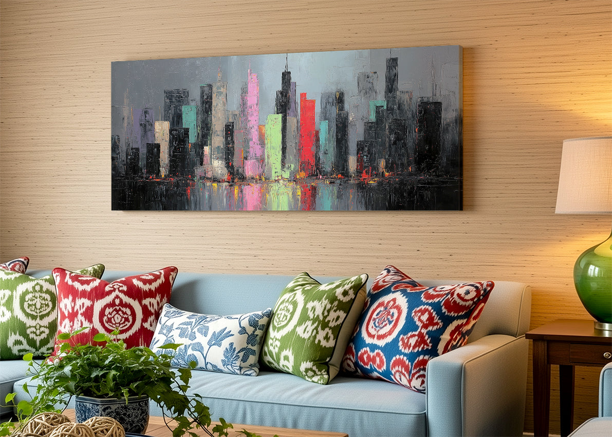 Abstract Neon City Skyline Canvas Wall Art – Modern Urban Reflection Single & 3 Panel Canvas