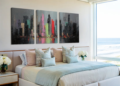 Abstract Neon City Skyline Canvas Wall Art – Modern Urban Reflection Single & 3 Panel Canvas