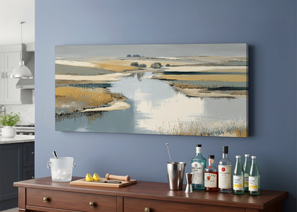 Abstract River Marsh Landscape Canvas Wall Art – Single & 3 Panel Split – AI PRINT LAB