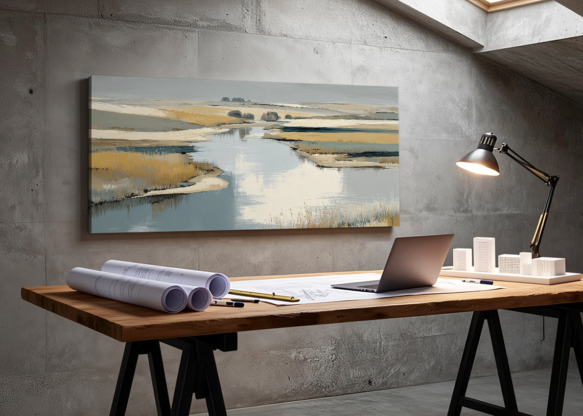 Abstract River Marsh Landscape Canvas Wall Art – Single & 3 Panel Split – AI PRINT LAB