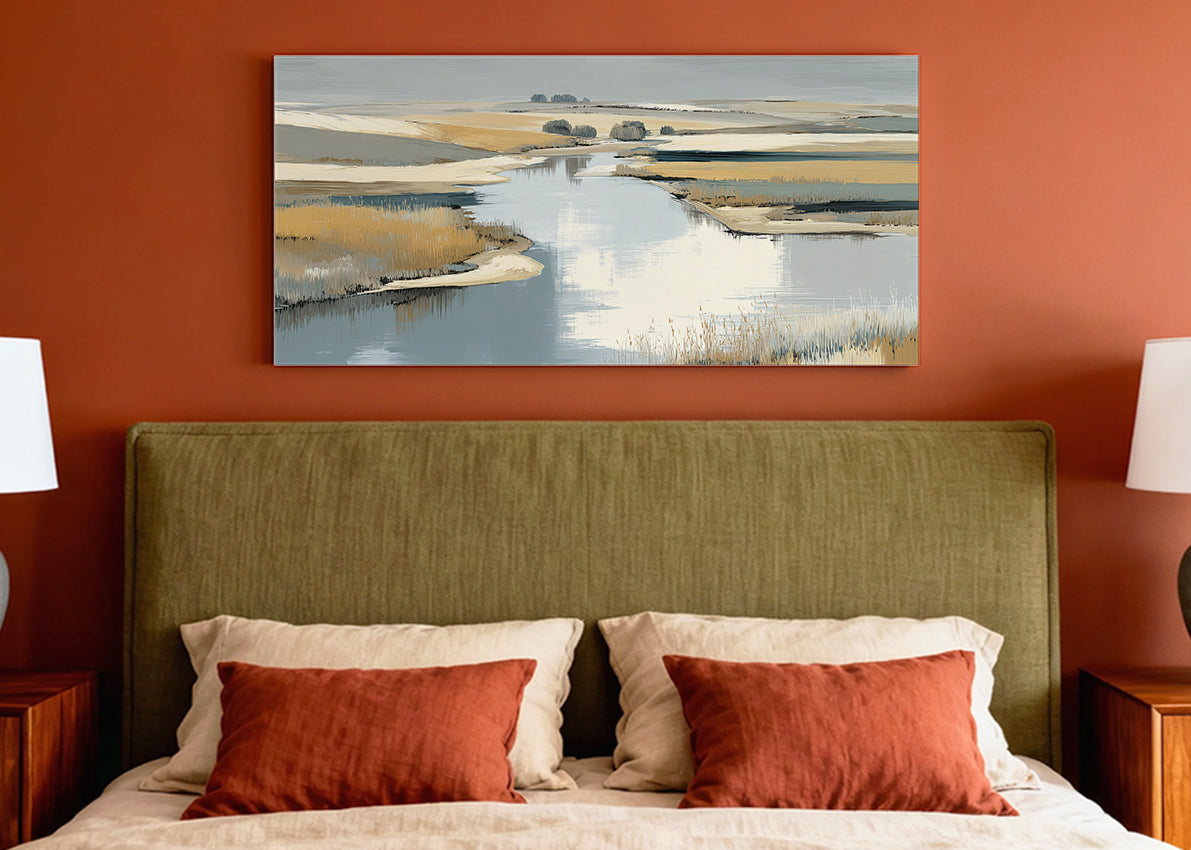 Abstract River Marsh Landscape Canvas Wall Art – Single & 3 Panel Split – AI PRINT LAB