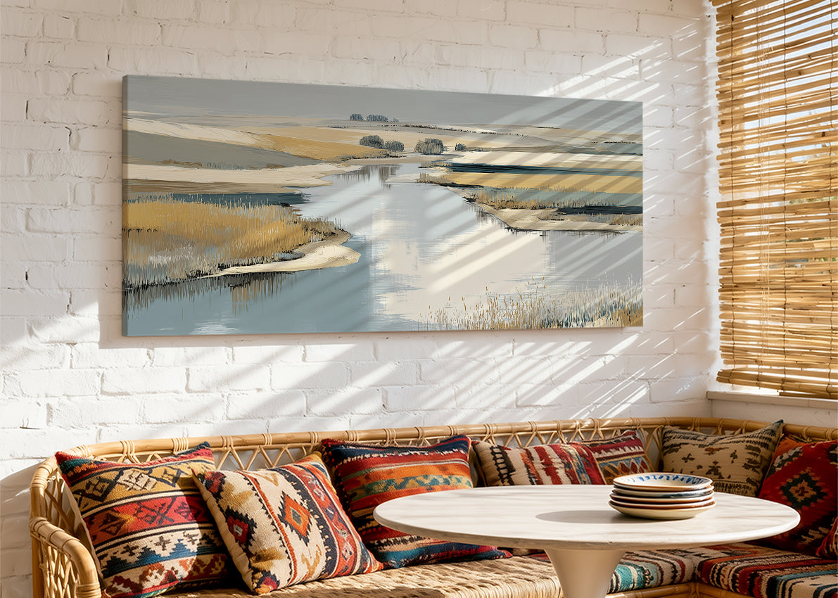 Abstract River Marsh Landscape Canvas Wall Art – Single & 3 Panel Split – AI PRINT LAB