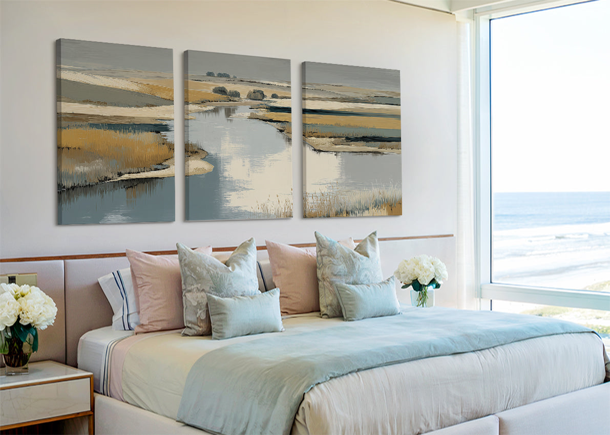 Abstract River Marsh Landscape Canvas Wall Art – Single & 3 Panel Split – AI PRINT LAB