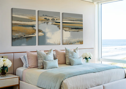 Abstract River Marsh Landscape Canvas Wall Art – Single & 3 Panel Split – AI PRINT LAB