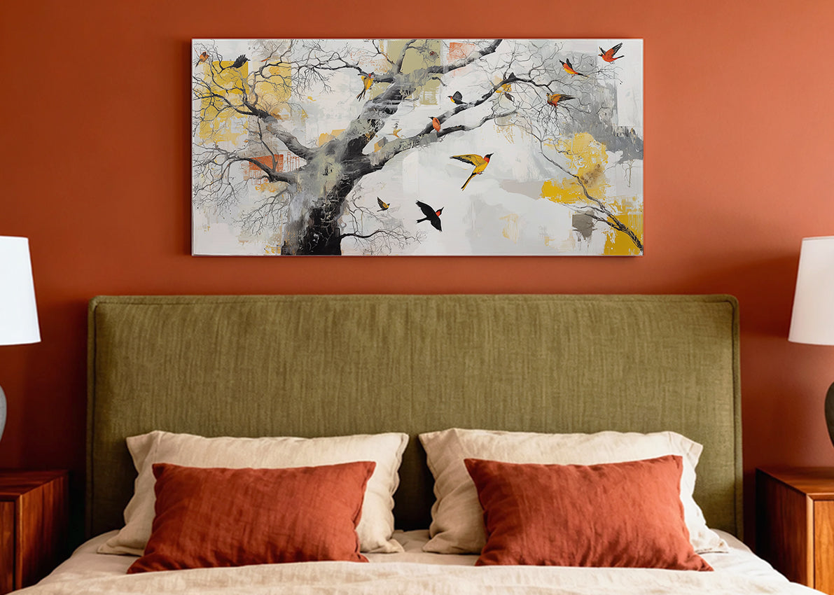 Abstract Tree & Birds Canvas Wall Art – Modern Nature Painting – Single & 3 Panel Canvas – AI PRINT LAB