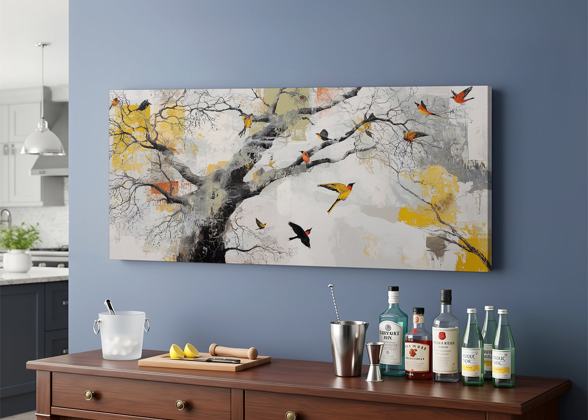 Abstract Tree & Birds Canvas Wall Art – Modern Nature Painting – Single & 3 Panel Canvas – AI PRINT LAB