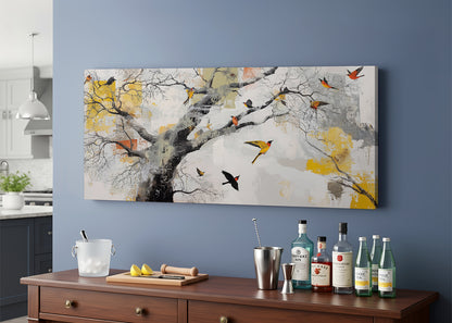 Abstract Tree & Birds Canvas Wall Art – Modern Nature Painting – Single & 3 Panel Canvas – AI PRINT LAB