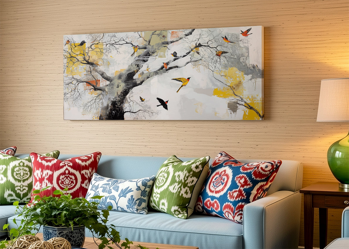 Abstract Tree & Birds Canvas Wall Art – Modern Nature Painting – Single & 3 Panel Canvas – AI PRINT LAB
