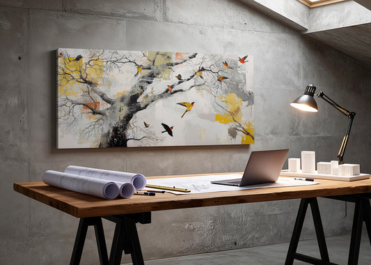 Abstract Tree & Birds Canvas Wall Art – Modern Nature Painting – Single & 3 Panel Canvas – AI PRINT LAB