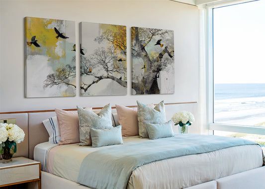 Abstract Tree & Flying Birds Canvas Wall Art – Modern Nature Painting – Single & 3 Panel Canvas – AI PRINT LAB