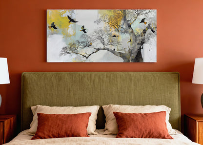 Abstract Tree & Flying Birds Canvas Wall Art – Modern Nature Painting – Single & 3 Panel Canvas – AI PRINT LAB
