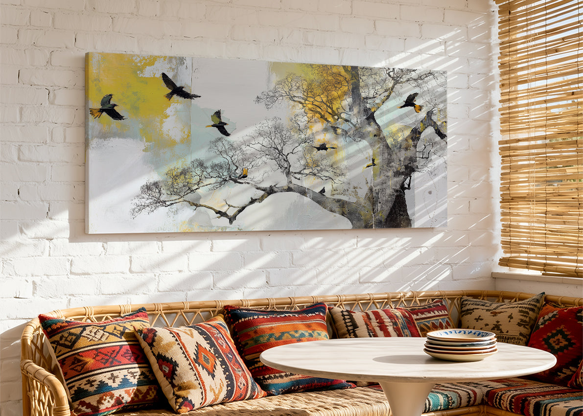 Abstract Tree & Flying Birds Canvas Wall Art – Modern Nature Painting – Single & 3 Panel Canvas – AI PRINT LAB