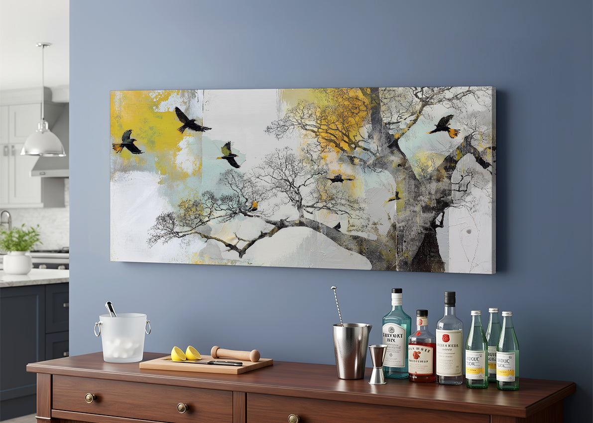 Abstract Tree & Flying Birds Canvas Wall Art – Modern Nature Painting – Single & 3 Panel Canvas – AI PRINT LAB