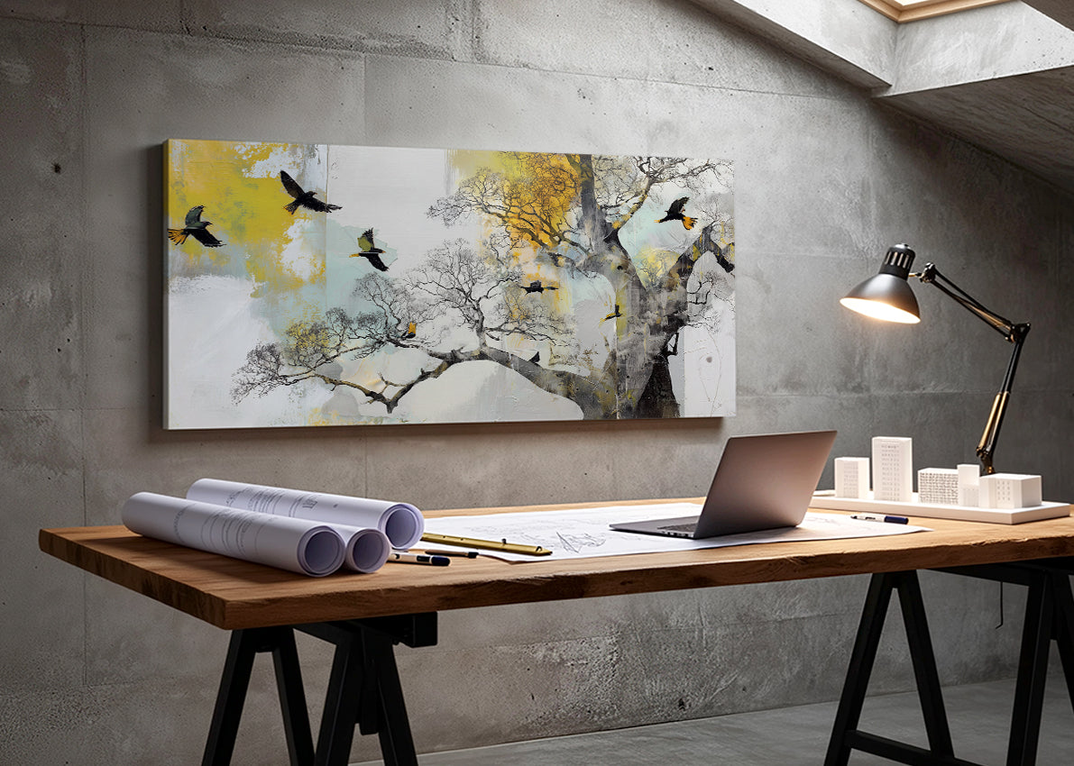 Abstract Tree & Flying Birds Canvas Wall Art – Modern Nature Painting – Single & 3 Panel Canvas – AI PRINT LAB
