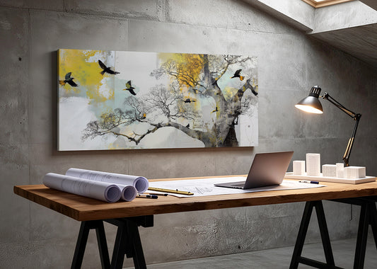 Abstract Tree & Flying Birds Canvas Wall Art – Modern Nature Painting – Single & 3 Panel Canvas – AI PRINT LAB