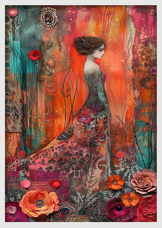 Abstract Woman in Floral Dream – Colorful Mixed Media Canvas Wall Art – T974 – AiPrintLab