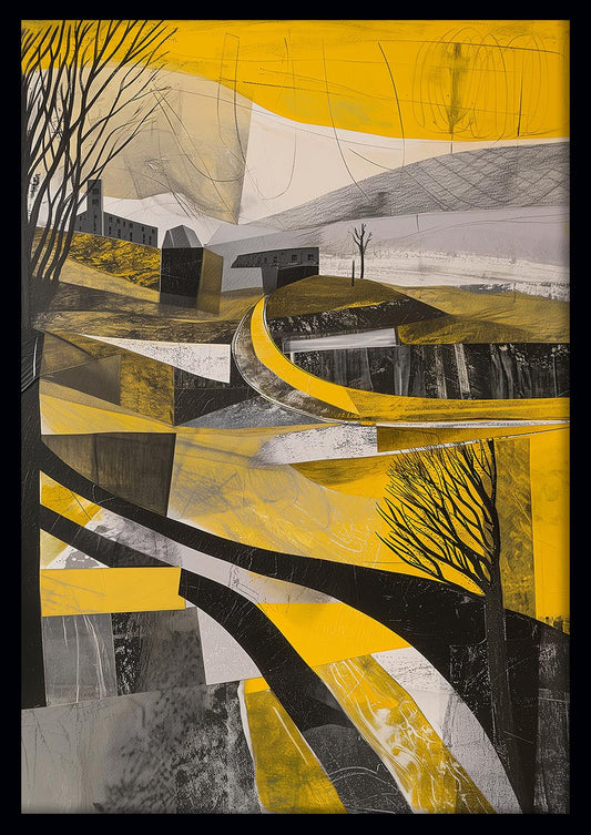 Abstract Yellow Roadscape – Modern Geometric Landscape Canvas & Poster Art – T1049 – AiPrintLab
