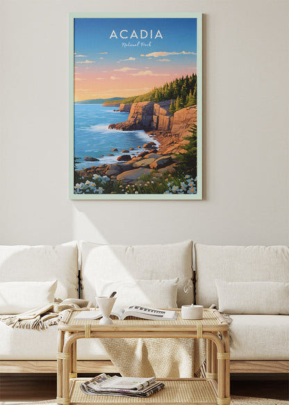 Acadia National Park Poster & Canvas Print – Coastal Cliff Sunrise Illustration Wall Art