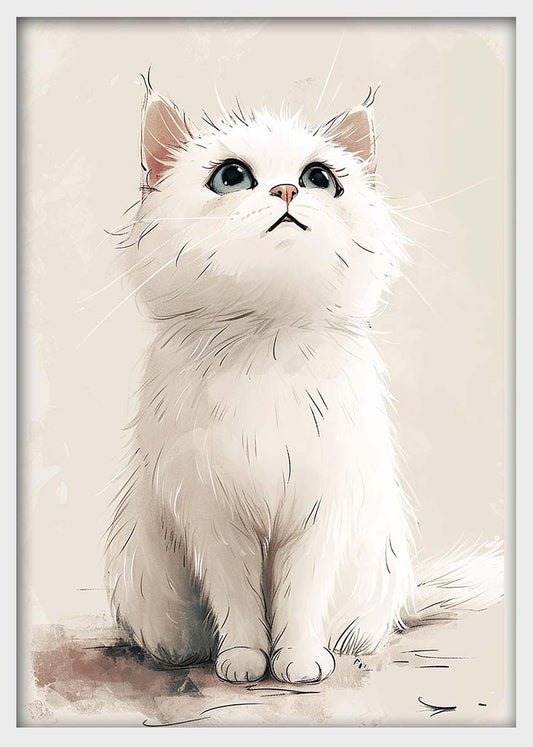 Adorable White Kitten Wall Art – Cute Cat Canvas & Poster Print – T1442 –