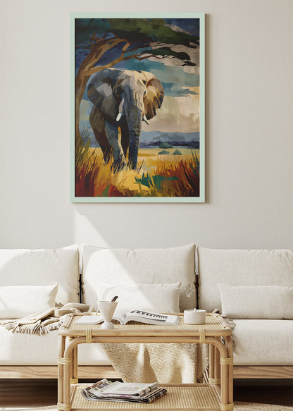 African Elephant Savannah Wall Art Poster & Canvas Print – Modern Wildlife Landscape Illustration