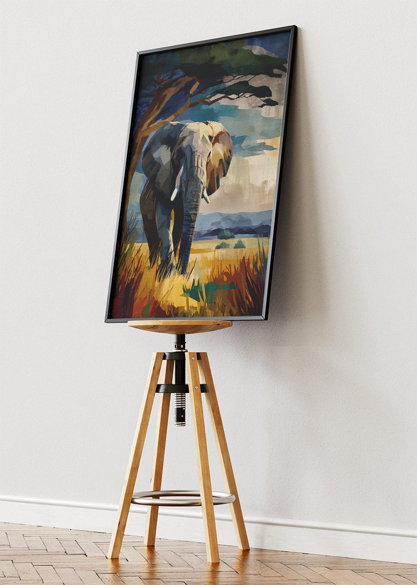 African Elephant Savannah Wall Art Poster & Canvas Print – Modern Wildlife Landscape Illustration