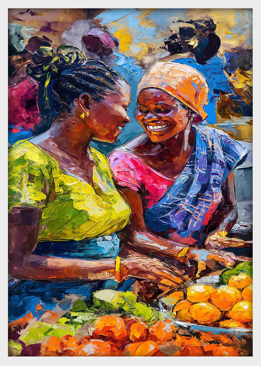 African Market Women Smiling – Colorful Street Life Canvas & Poster Wall Art – T1294 – AiPrintLab