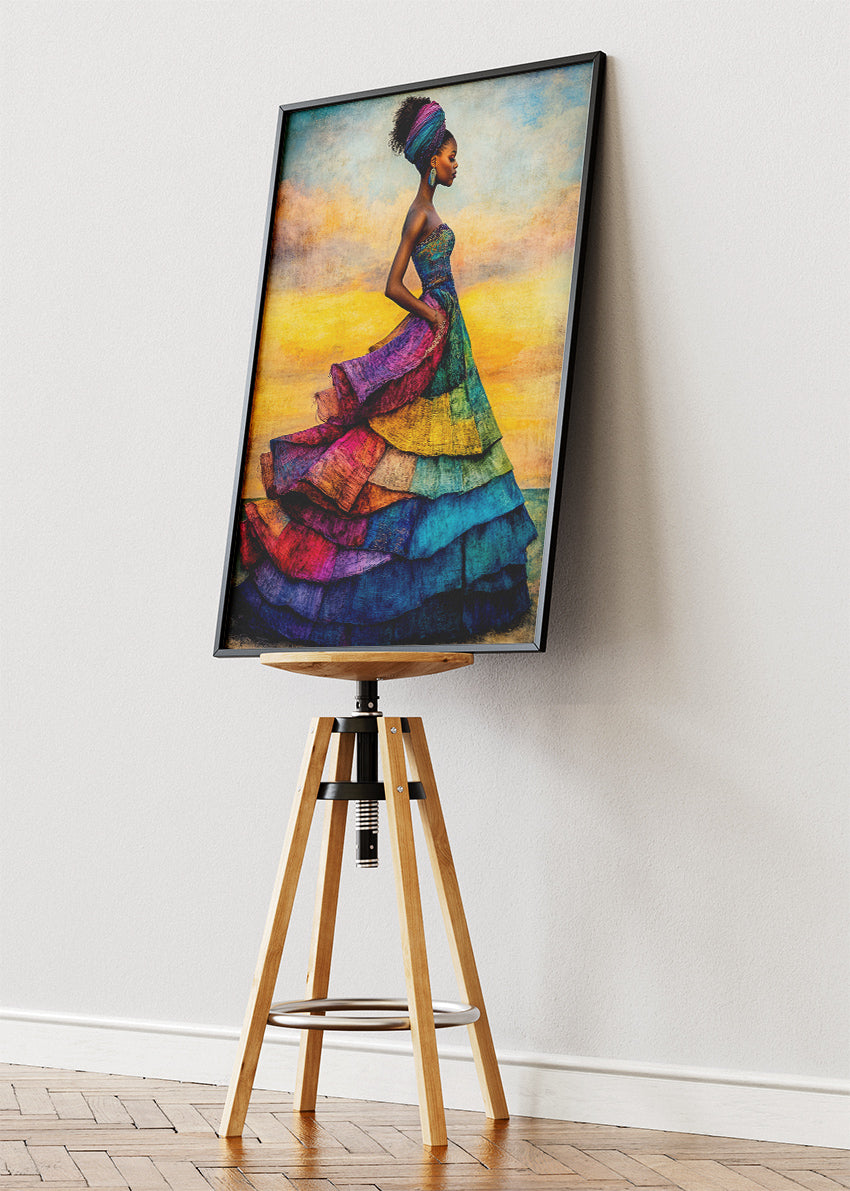 African Woman Colourful Dress Wall Art – Vibrant Cultural Portrait Canvas Print & Modern Statement Poster for Living Room Decor UK