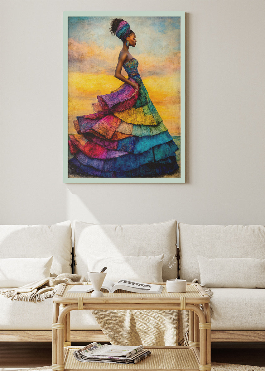 African Woman Colourful Dress Wall Art – Vibrant Cultural Portrait Canvas Print & Modern Statement Poster for Living Room Decor UK