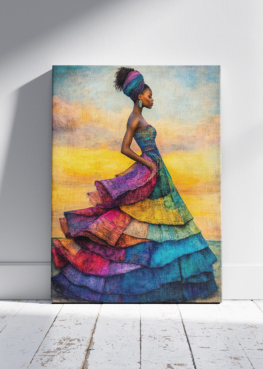 African Woman Colourful Dress Wall Art – Vibrant Cultural Portrait Canvas Print & Modern Statement Poster for Living Room Decor UK